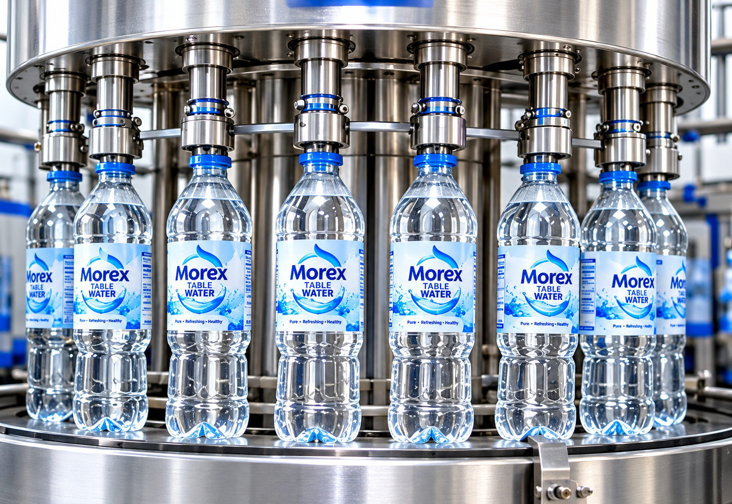 Morex bottles moving through a production line